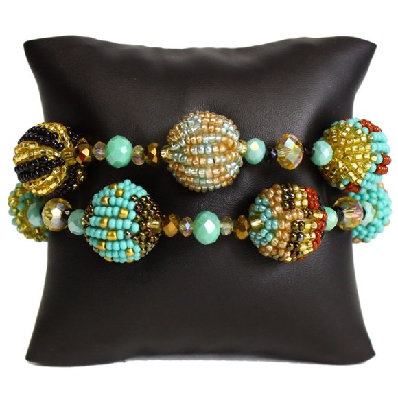 FIESTA Czech 8 Bead Ball Bracelet TURQUOISE, GOLD - Picture 1 of 1